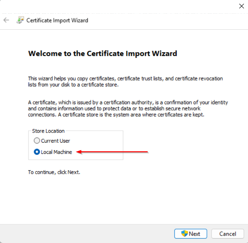 certificate import wizard - local machine